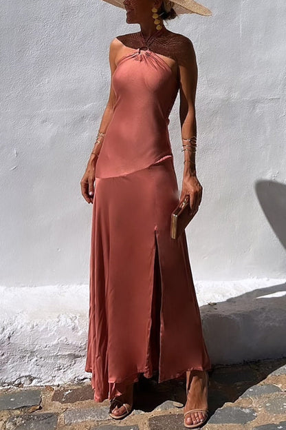 Chic Sleeveless Halter Slit Maxi Swing Dress