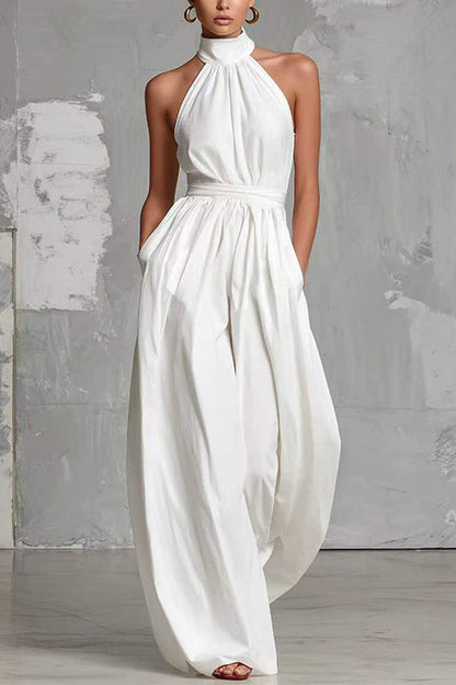 Halter Neck High Waist Pocketed Wide Leg Jumpsuit