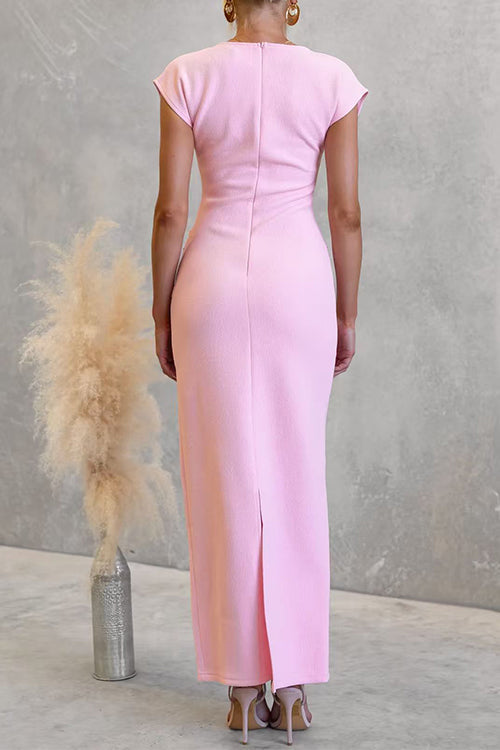 Chic Cap Sleeves Back Slit Maxi Dress with Gold Accent