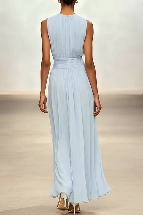 Crewneck Sleeveless Zipper Back Waisted Maxi Dress