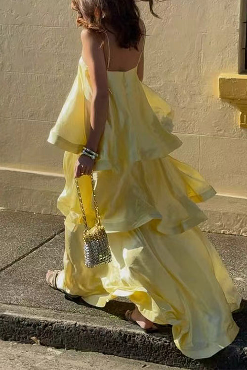 Spaghetti Strap Ruffle Layered Satin Maxi Dress