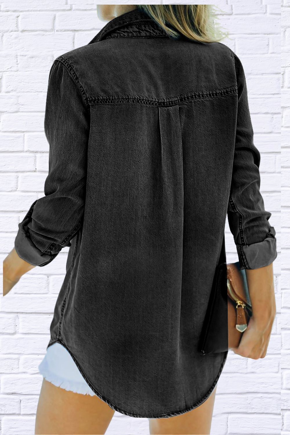 Pocketed Collared Neck Long Sleeve Dandy Denim Top