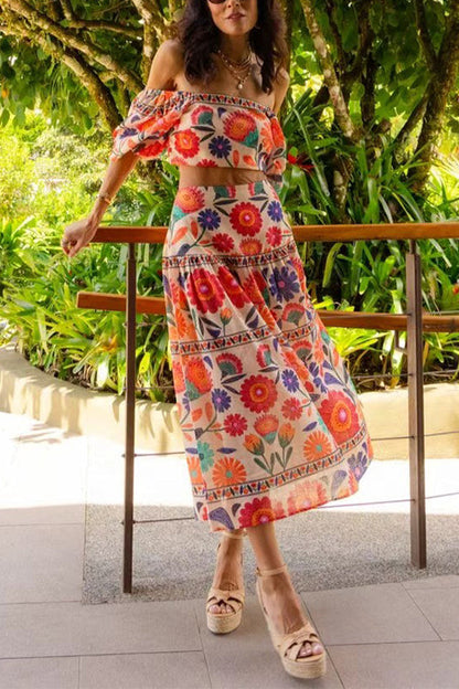 High Rise Floral Print Midi Skirt