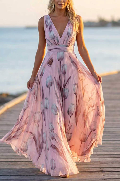 Deep V Neck Sleeveless Floral Print Swing Maxi Dress