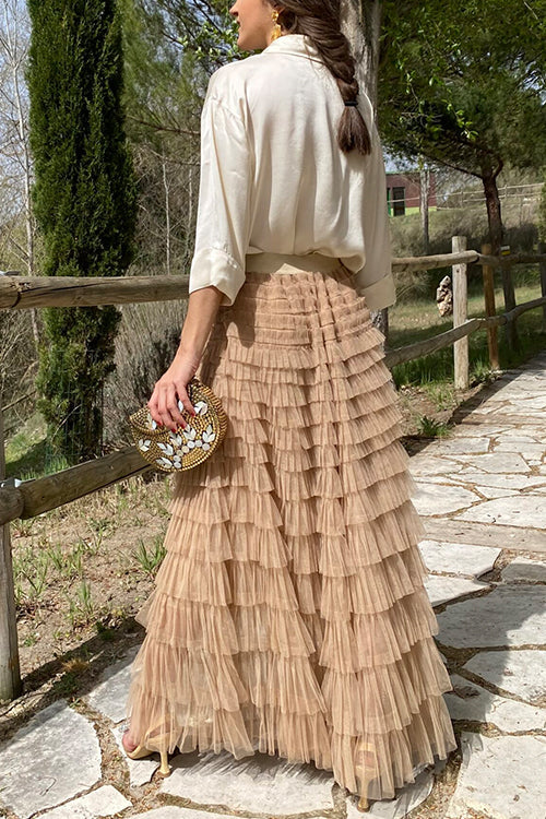 Rosiedress Ruffle Layered Pleated Tulle Maxi Skirt