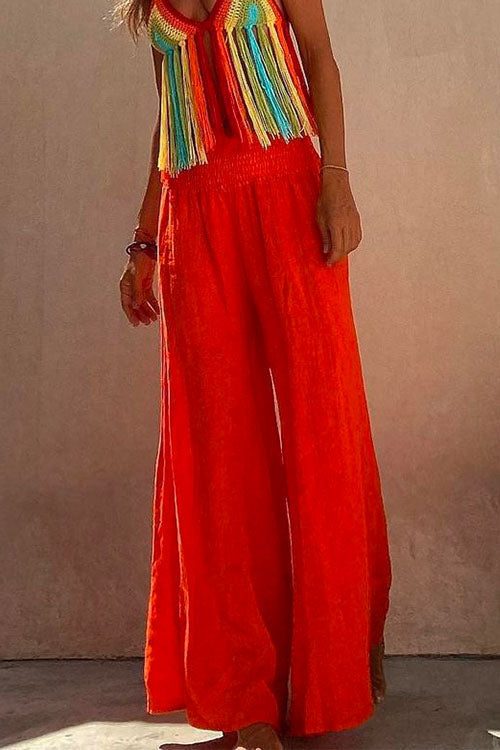 Rosiedress Smocked Elastic Waist Baggy Wide Leg Cotton Linen Pants Orange