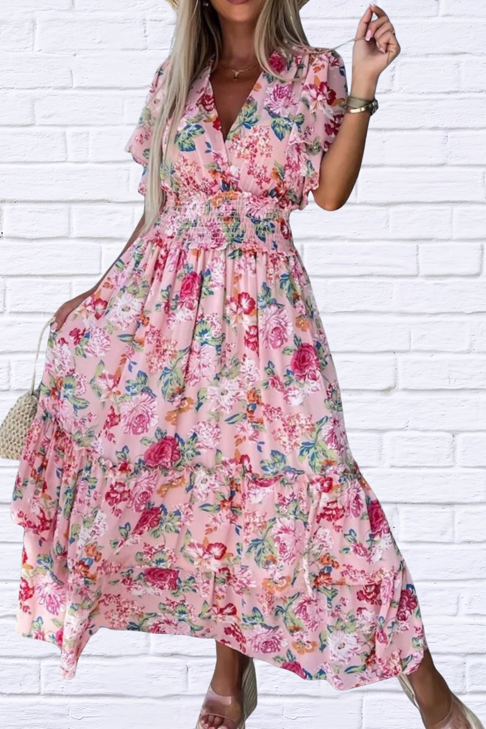 Floral Print Flutter Sleeve Maxi Dress