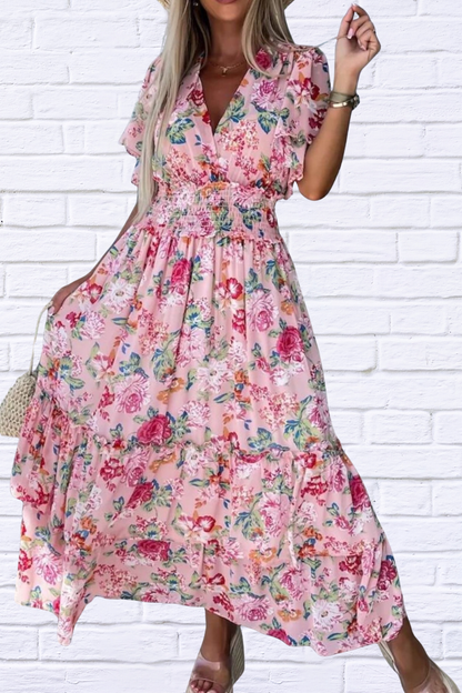 Floral Print Flutter Sleeve Maxi Dress