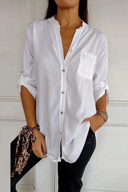 Rolled Up Sleeves Button Down Sequin Splice Blouse Shirt White