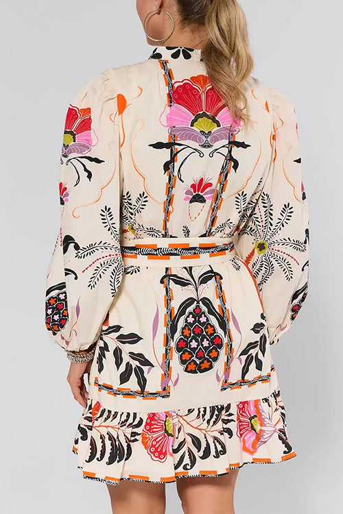 Puff Long Sleeves Button Up Floral Print Ruffle Mini Dress
