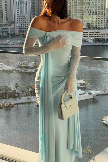 Off Shoulder Long Sleeves Knot Waist Draped Maxi Dress