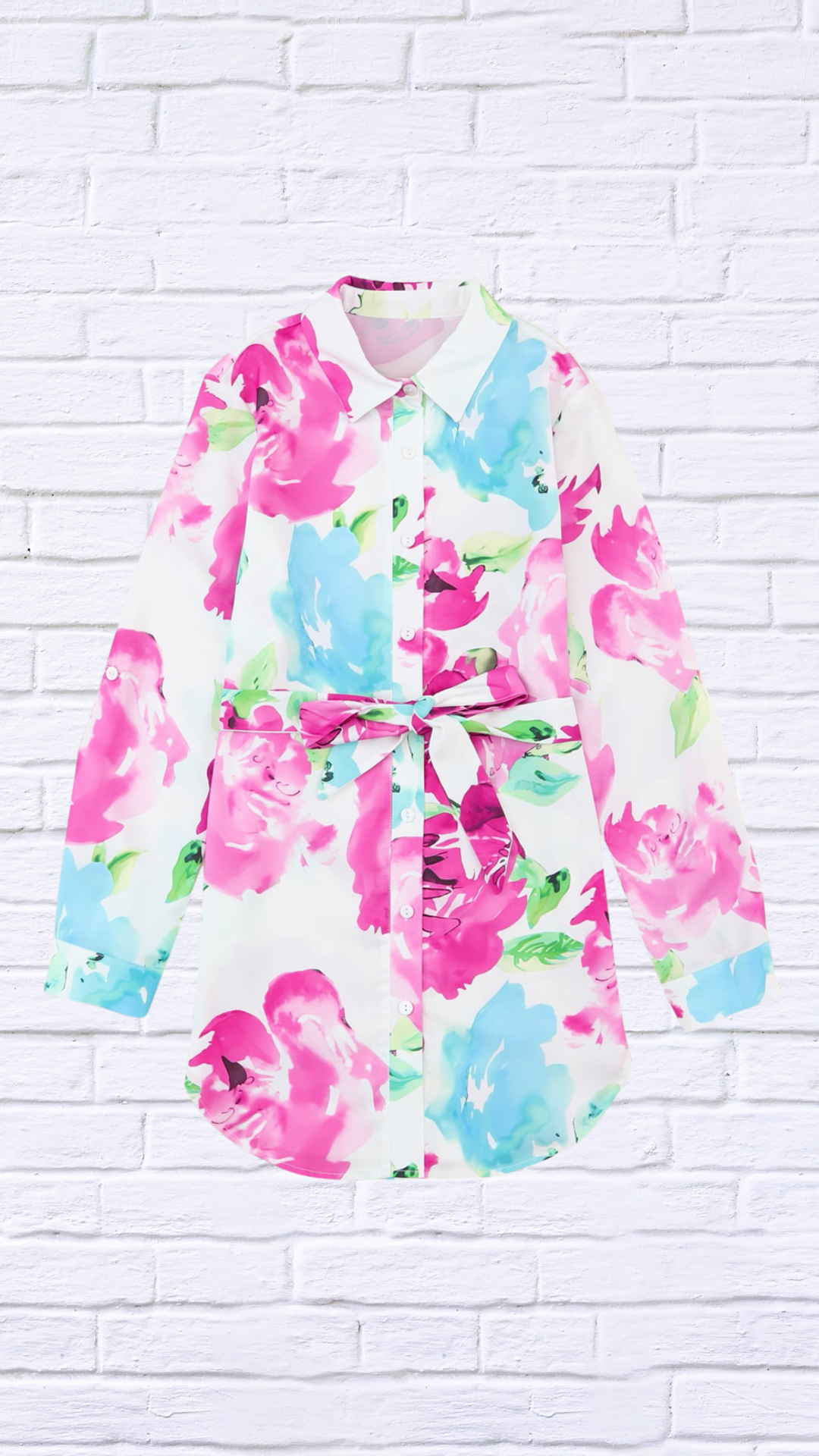 Printed Button Up Tie Waist Shirt