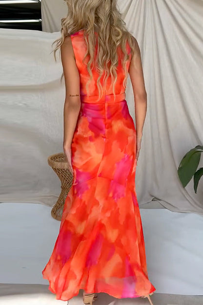 Sleeveless V Neck Drawstring Ruched Slit Print Maxi Dress