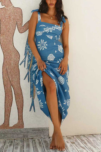 Bow Shoulder Sleeveless Seashell Print Maxi Dress