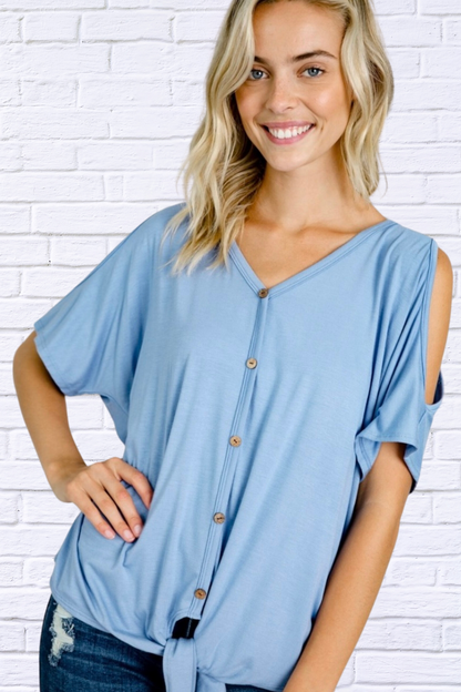 Demetria Cold Shoulder Button Down Tie Top - Plain Pink and Plain Light Blue
