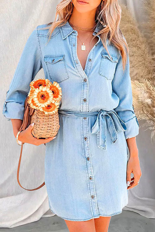 Rosiedress Rolled Up Long Sleeves Tie Waist Denim Shirt Dress LightBlue