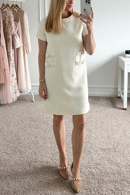 Rosiedress Elegant Crewneck Short Sleeves Buttons Tweed Dress Beige