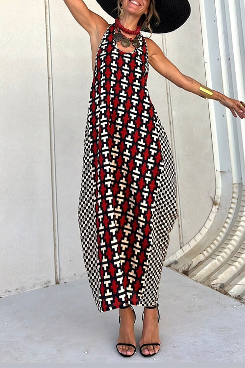 Sleeveless Color Block Plaid Maxi Vacation Dress Black