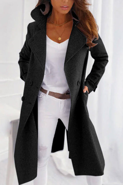 Classic Double Breasted Collared Midi Winter Overcoat Black