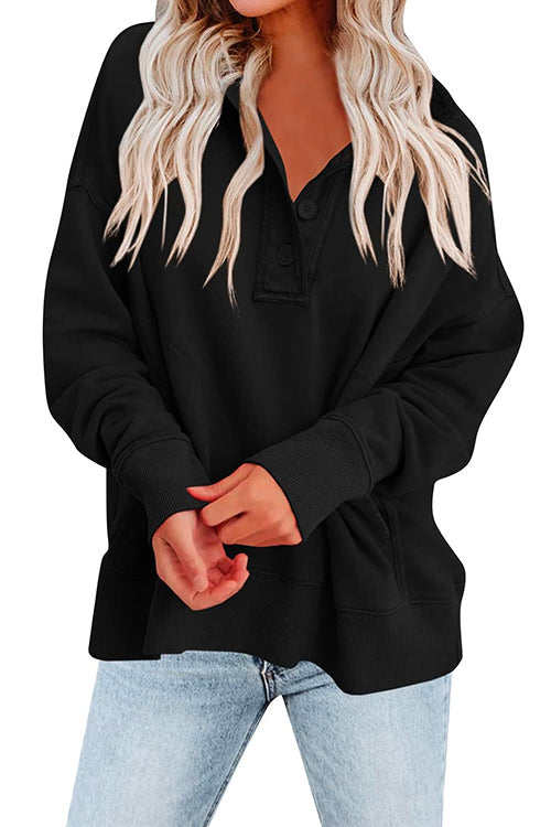 Rosiedress Stand Collar Button Up Pocketed Casual Sweatshirt Black