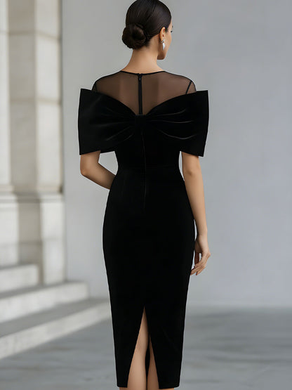 Dramatic Black Velvet Bow Midi Dress
