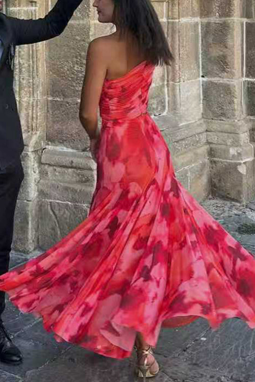 Off Shoulder Ruched Crop Top High Rise Maxi Skirt Printed Set