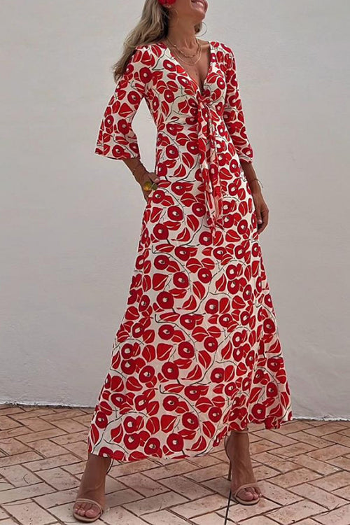 Tie Knot V Neck 3/4 Sleeves Abstract Print Maxi Swing Dress Red