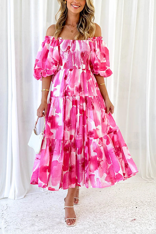 Rosiedress Off Shoulder Puff Sleeves Ruffle Tiered Printed Midi Dress