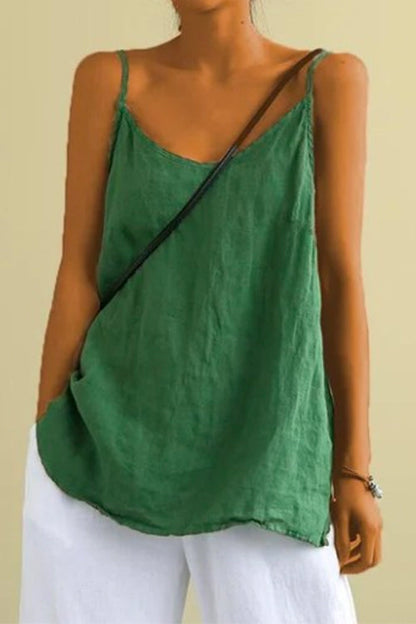 Rosiedress Scoop Neck Solid Cotton Linen Cami Top Green