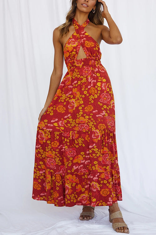 Rosiedress Criss Cross Halter Backless Cut Out Slit Floral Maxi Dress Red