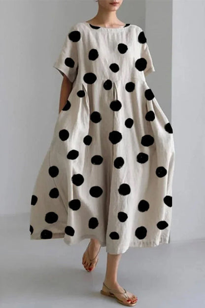 Printed Short Sleeves Pocketed A-line Midi Dress Polka Dot