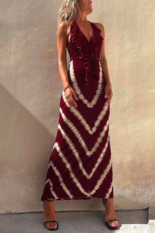 Halter V Neck Ruffle Drape Front Printed Maxi Dress Burgundy