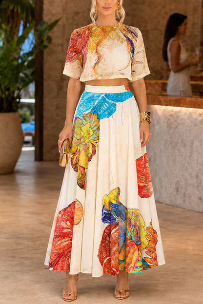 Crewneck Short Sleeves Crop Top High Rise Maxi Skirt Floral Print Set