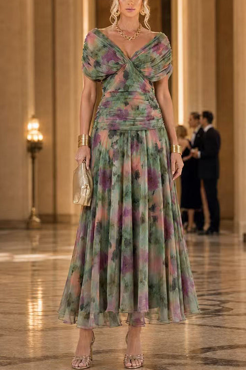 V Neck Ruched Floral Print Maxi Dress
