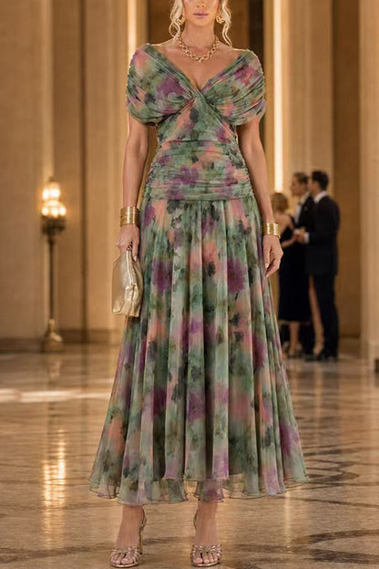 V Neck Ruched Floral Print Maxi Dress