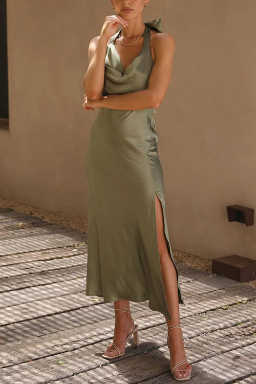 Rosiedress Sleeveless Cowl Neck Open Back Side Slit Midi Dress