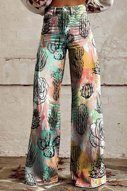 High Waist Unique Print Wide Leg Pants Cactus