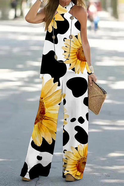 Criss Cross Halter Sleeveless Top Wide Leg Pants Printed Vacation Set Sunflower