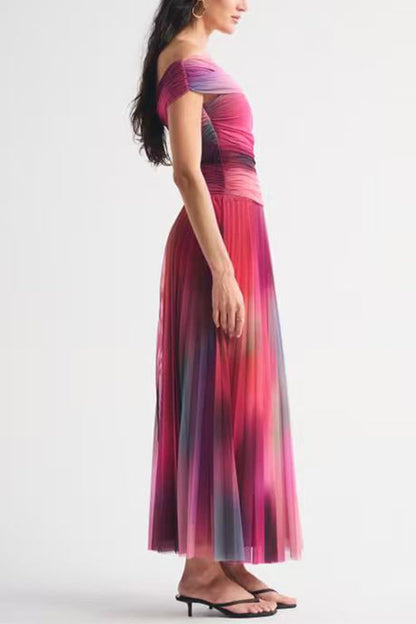 Off Shoulder Sunset Gradient Pleated Maxi Dress