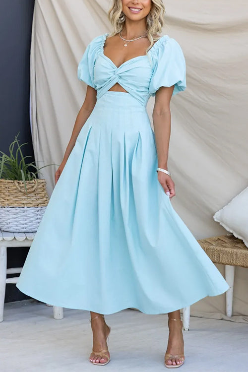 Rosiedress Twist Front Puff Sleeves Cut Out Pocketed Maxi Dress LightBlue