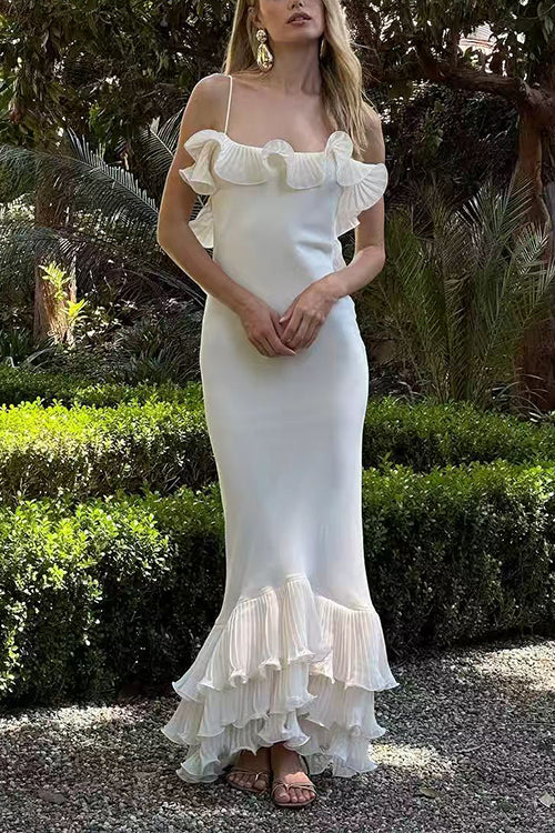 Spaghetti Strap Open Back Ruffle Trim Maxi Dress