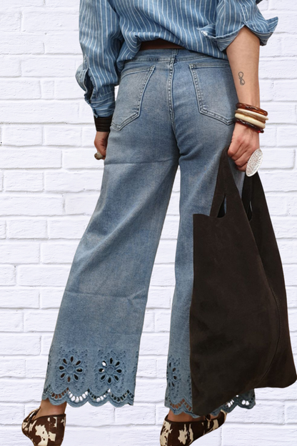 Lace Detail Cropped Wide Leg Jeans
