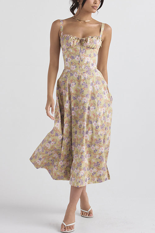 Adjustable Strap High Waist Slit Swing Midi Dress Purple Floral