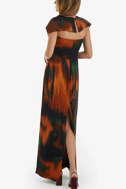 Strapless Cut Out Waist Back Slit Printed Maxi Dress
