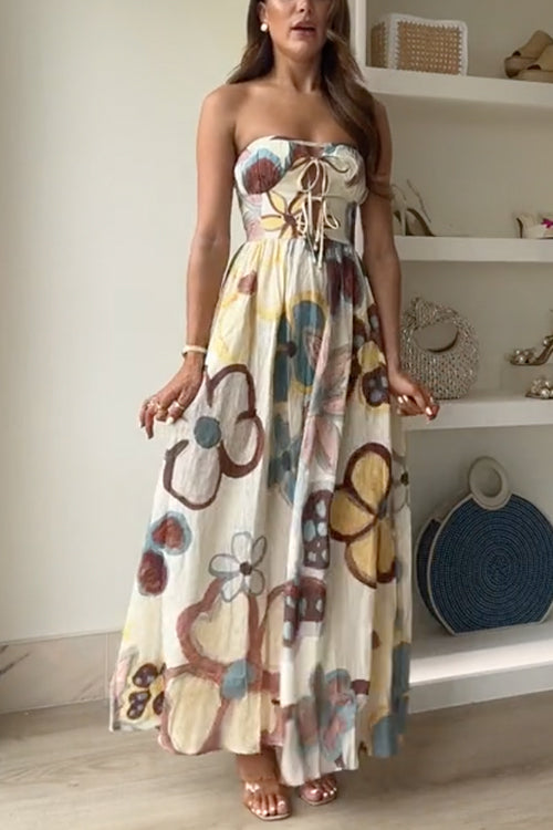 Strapless Lace-up Cut Out Floral Print Swing Maxi Dress Floral