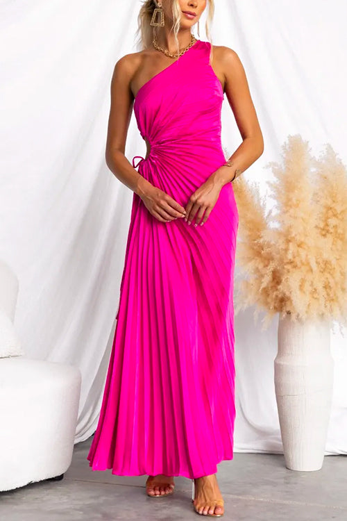 Rosiedress One Shoulder Drawstring Cut Out Pleated Swing Maxi Dress Fuchsia