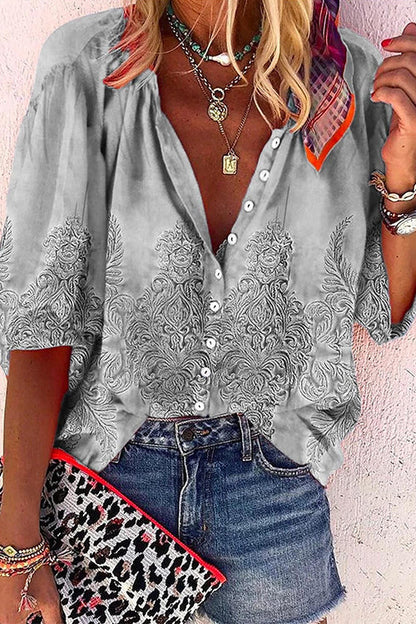 Long Sleeves Button Up Unique Print Shirt Gray