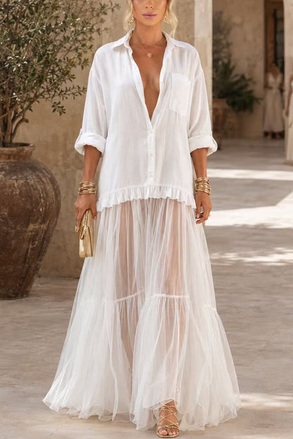 Lapel Long Sleeves Organza Splice Ruffle Denim Maxi Dress