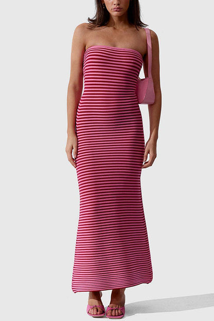 Rosiedress Strapless Tube Striped Knit Maxi Bodycon Dress