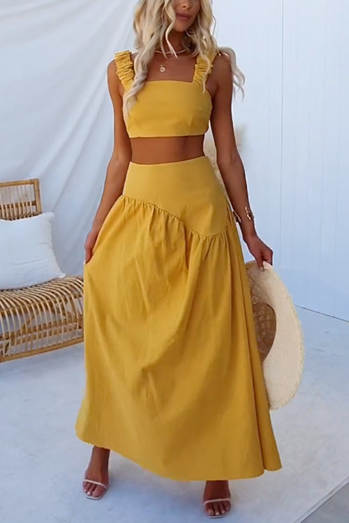 Ruched Elastic Straps Crop Top and High Waist Swing Maxi Skirt Set